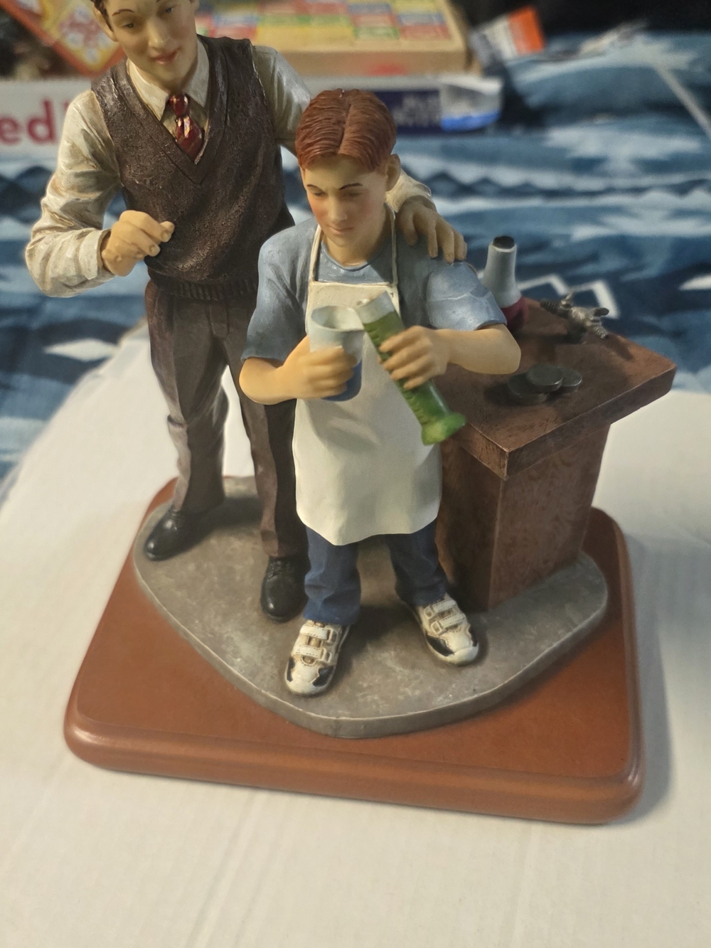 Hand-Painted Father and Son Workshop Figurine in Brown and White